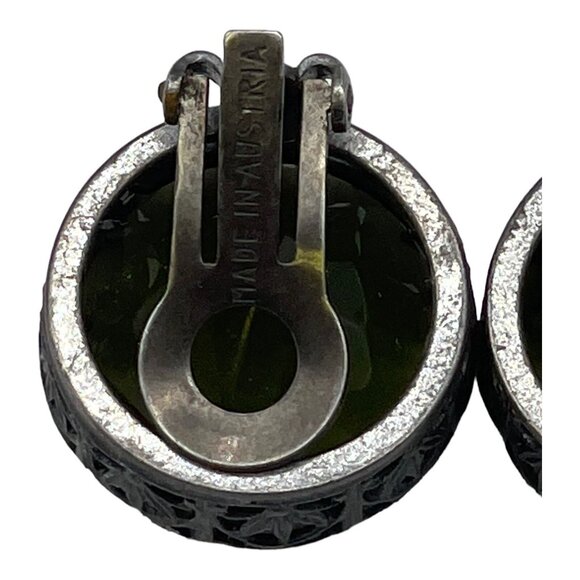 Vintage Made in Austria Dark Green Headlight Silver-tone Clip on Earrings HTF - Picture 9 of 16